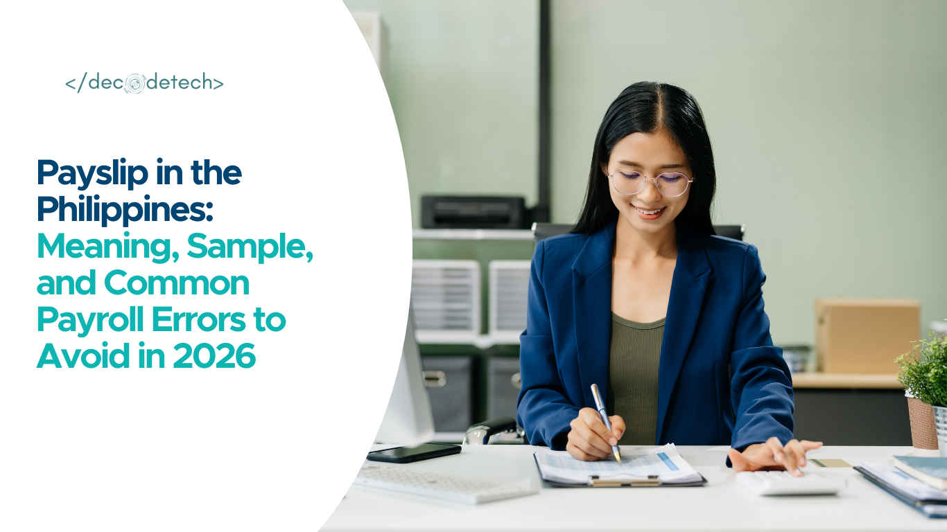 Woman at desk with payslip information.